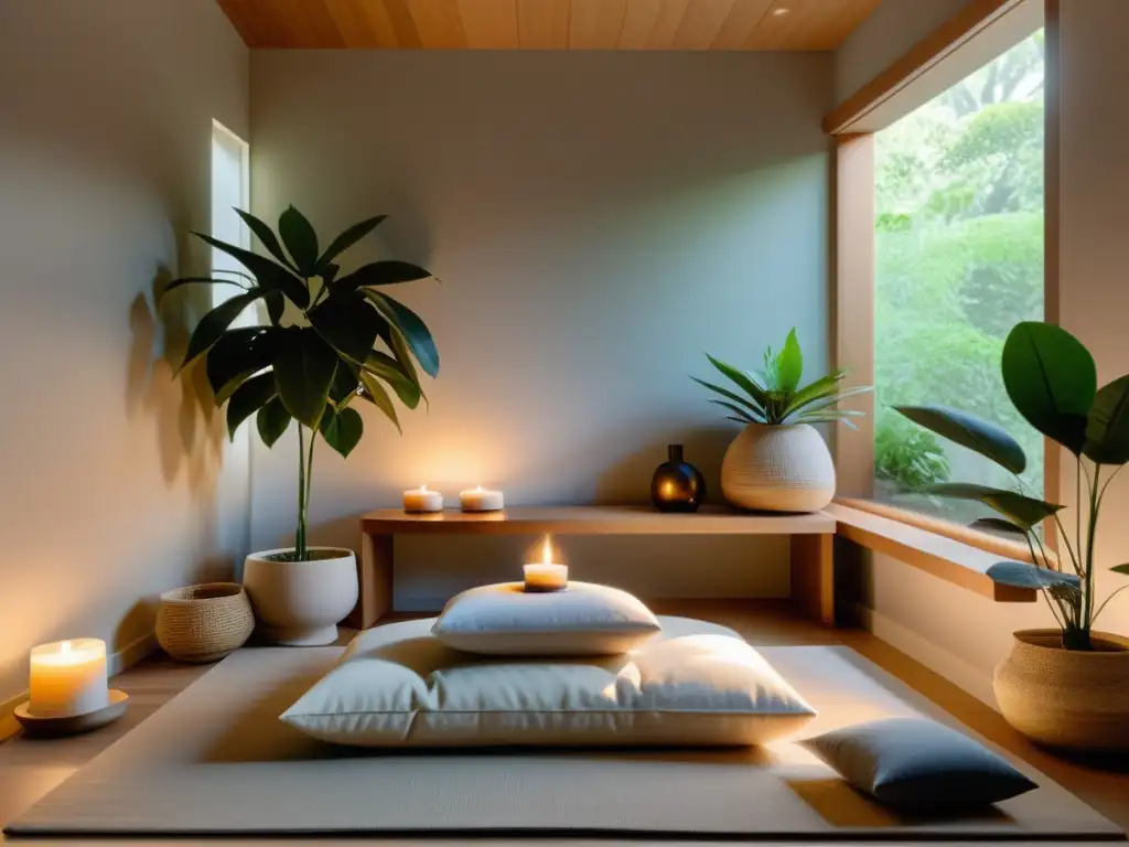 Rincón de meditación en casa: acogedor cojín rodeado de plantas, luz natural y altar con velas y objetos espirituales