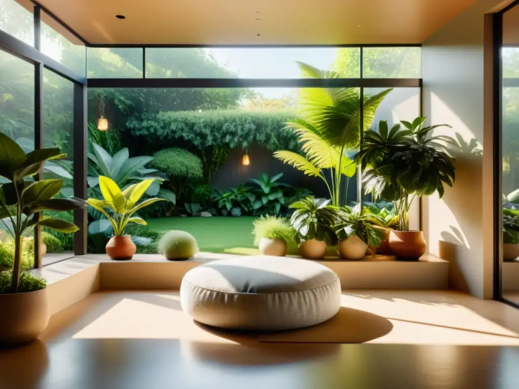 Un rincón de meditación en casa, iluminado por el sol, con plantas y tonos terrosos