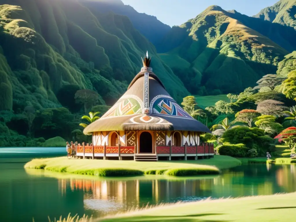 Una casa de reuniones maorí tradicional, tallada con detalle y adornada con símbolos coloridos, rodeada de montañas verdes y un lago sereno