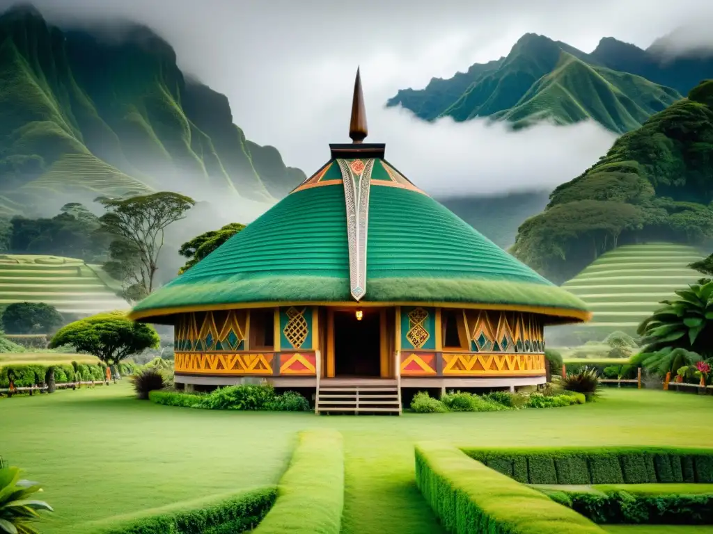 Una casa de reuniones Maorí tradicional, tallada y decorada con diseños simbólicos, rodeada de naturaleza exuberante y montañas nebulosas