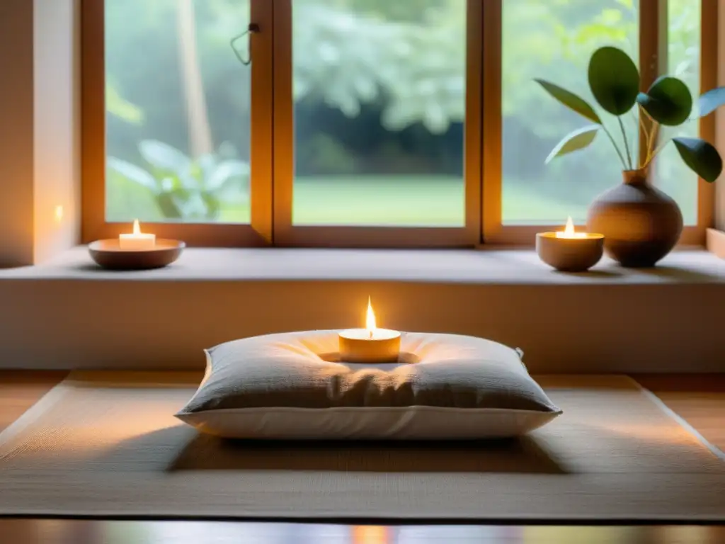Un rincón de meditación en casa: cojín en suelo, altar con velas e incienso, ventana al jardín