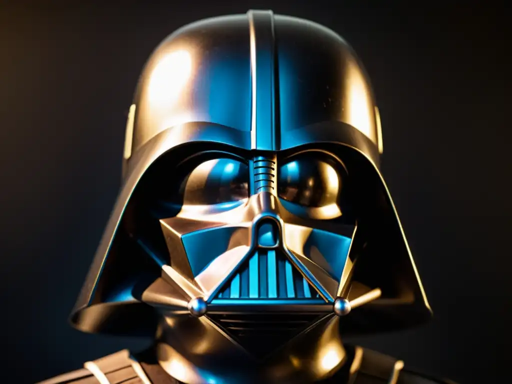 El casco de Darth Vader, con un diseño intrincado y amenazante, iluminado por dramáticas sombras