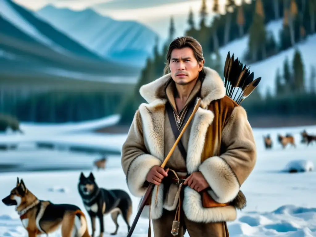 Un cazador siberiano tradicional con perros de caza, en un paisaje nevado