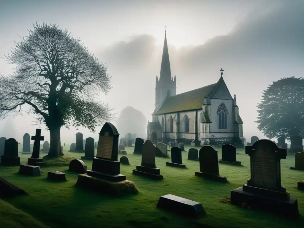 Un cementerio medieval envuelto en neblina y luz suave, con tumbas antiguas y una iglesia en silueta