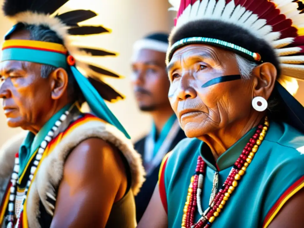 Una fotografía cercana de una ceremonia indígena tradicional, con atuendos ceremoniales coloridos, tocados ornamentados y artefactos simbólicos