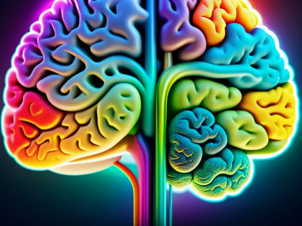 Un cerebro humano muestra emociones y pasiones en vívidos colores, ilustrando la compleja psicología humana según Spinoza