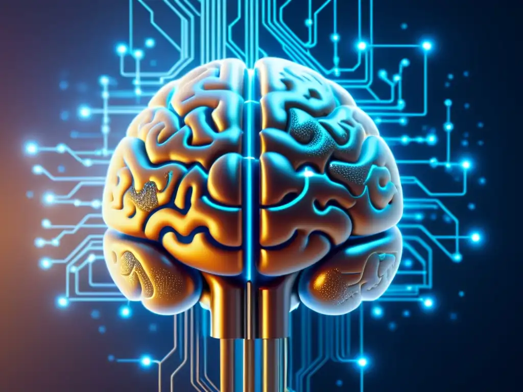 Un cerebro humano rodeado de circuitos intrincados y tecnología futurista, ilustrando la intersección de conciencia en la IA ética