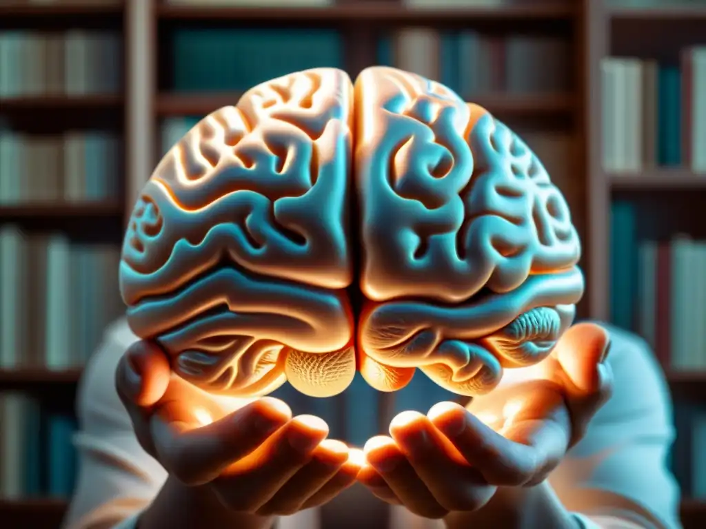 Un cerebro humano sostenido con cuidado y reverencia, mostrando su textura orgánica