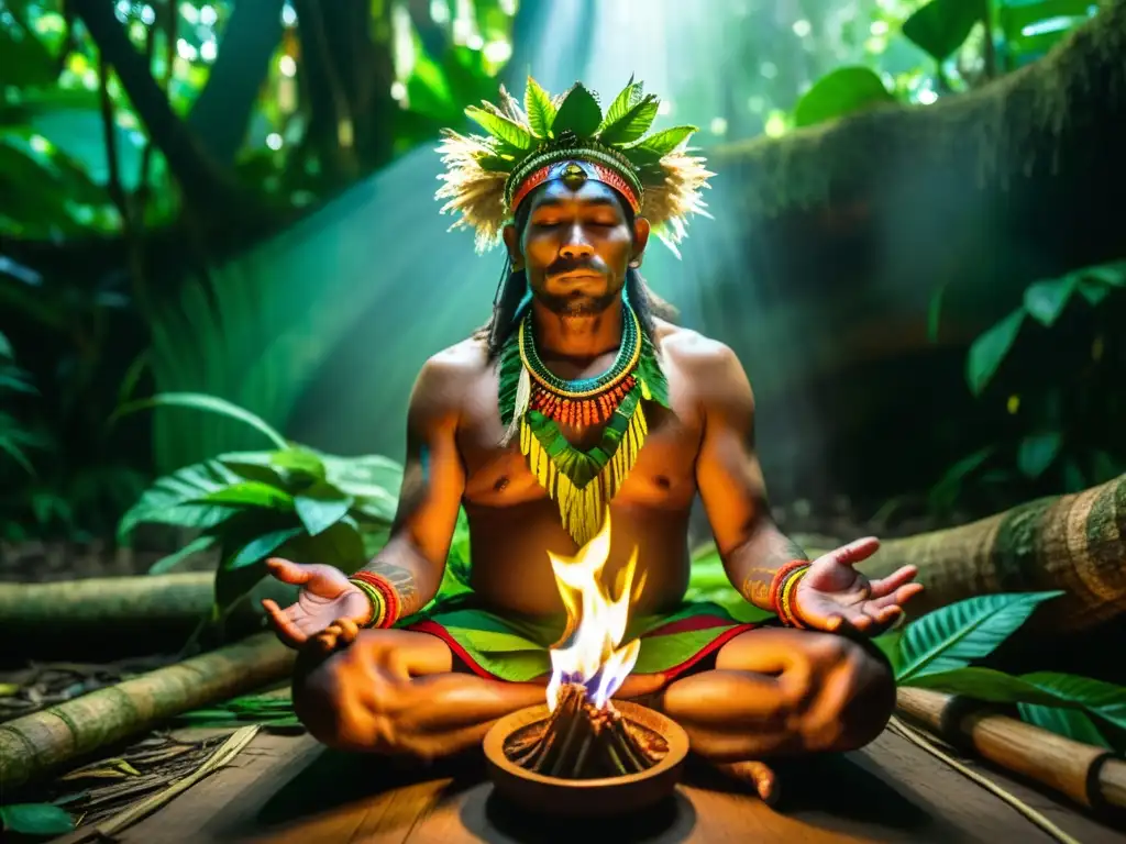 Una ceremonia espiritual con Ayahuasca en la exuberante Amazonía, capturando la conexión mística entre participantes y naturaleza