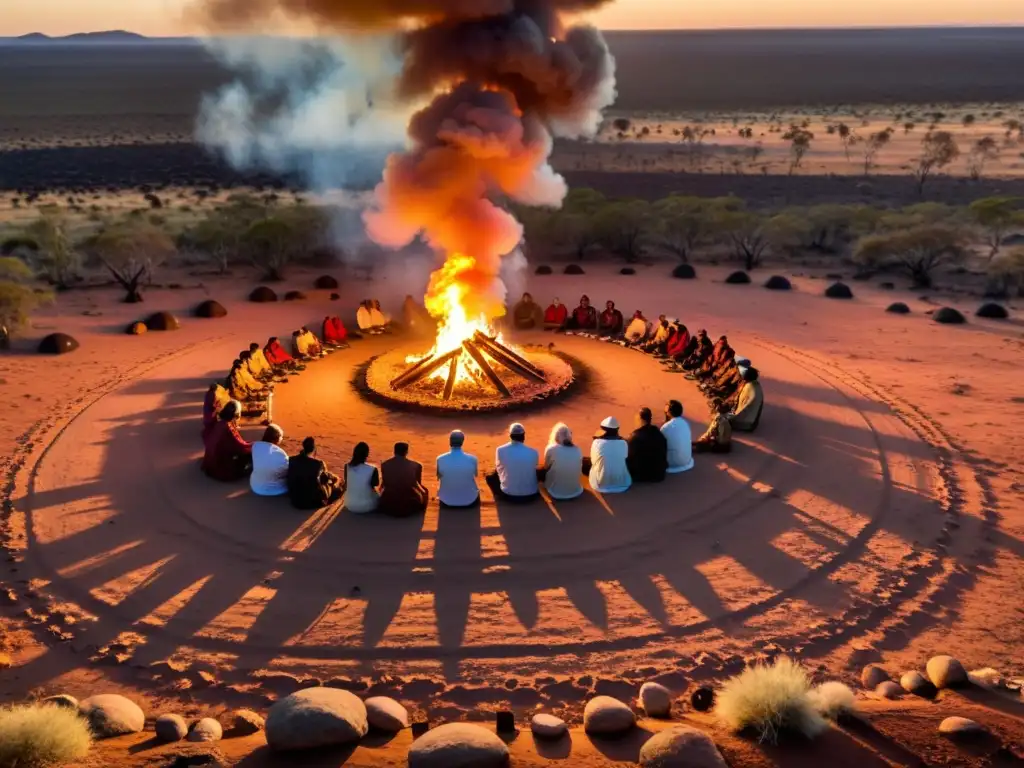 Una ceremonia indígena en el outback australiano, con ancianos y miembros de la comunidad reunidos alrededor de un fuego central, vistiendo atuendos tradicionales y realizando rituales antiguos