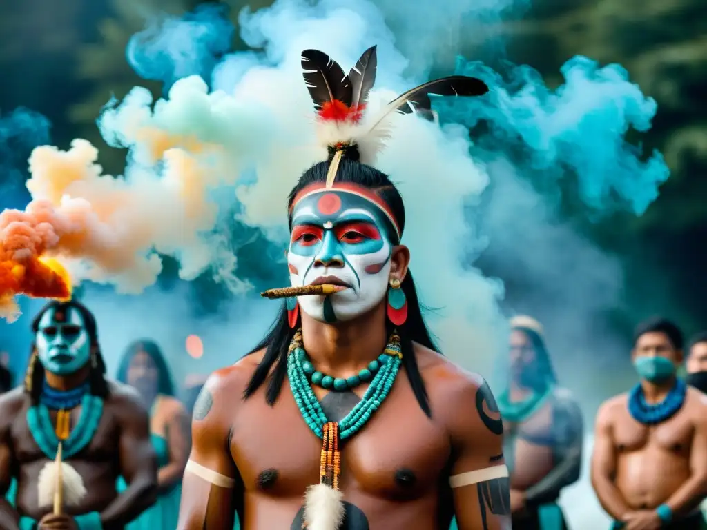 Una ceremonia indígena tradicional con colores vibrantes, pintura facial detallada y expresiones enfocadas