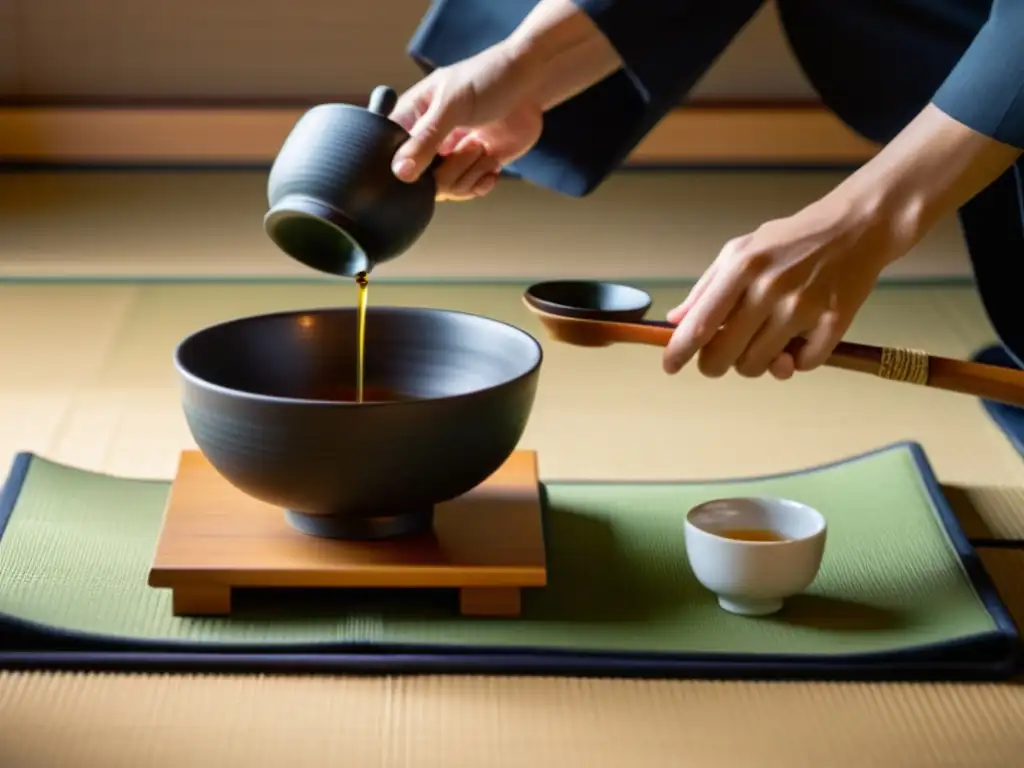 La ceremonia del té japonés muestra la precisión y calma del maestro, reflejando la filosofía samurái manejo estrés