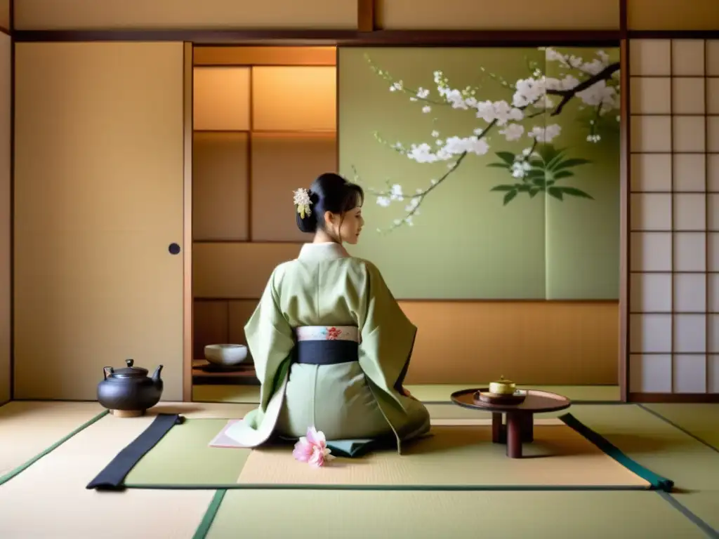Una ceremonia del té japonesa en un elegante tatami room con influencia del protocolo japonés influenciado por Shinto