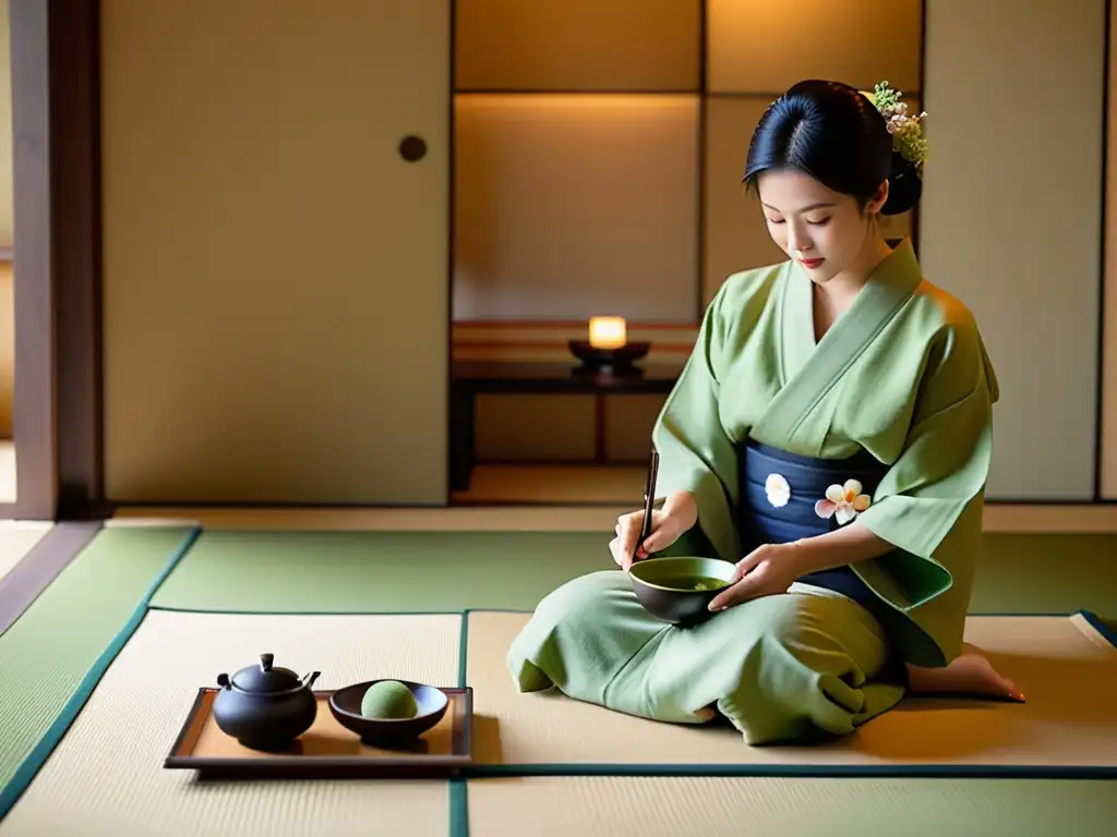 Una ceremonia del té japonesa con protocolo japonés influenciado por Shinto, en una sala serena con tatamis y kimonos vibrantes