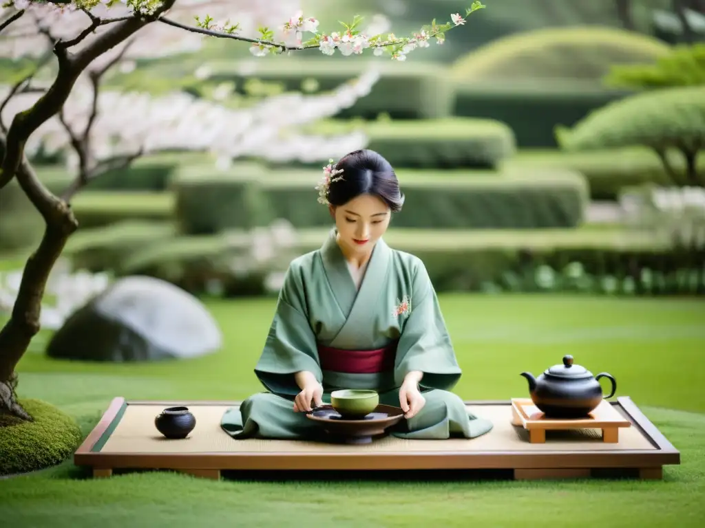 Una ceremonia del té japonesa tradicional en un jardín exquisito con Apps educativas filosofía asiática