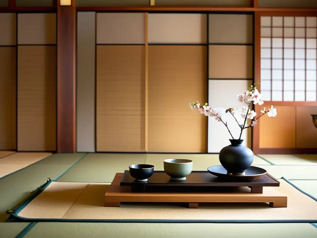 Una ceremonia del té japonesa tradicional en una sala tatami serena, con atención meticulosa a los detalles en los utensilios de té elegantes, la disposición de las ramas de cerezo delicadas y los movimientos elegantes del anfitrión con kimono