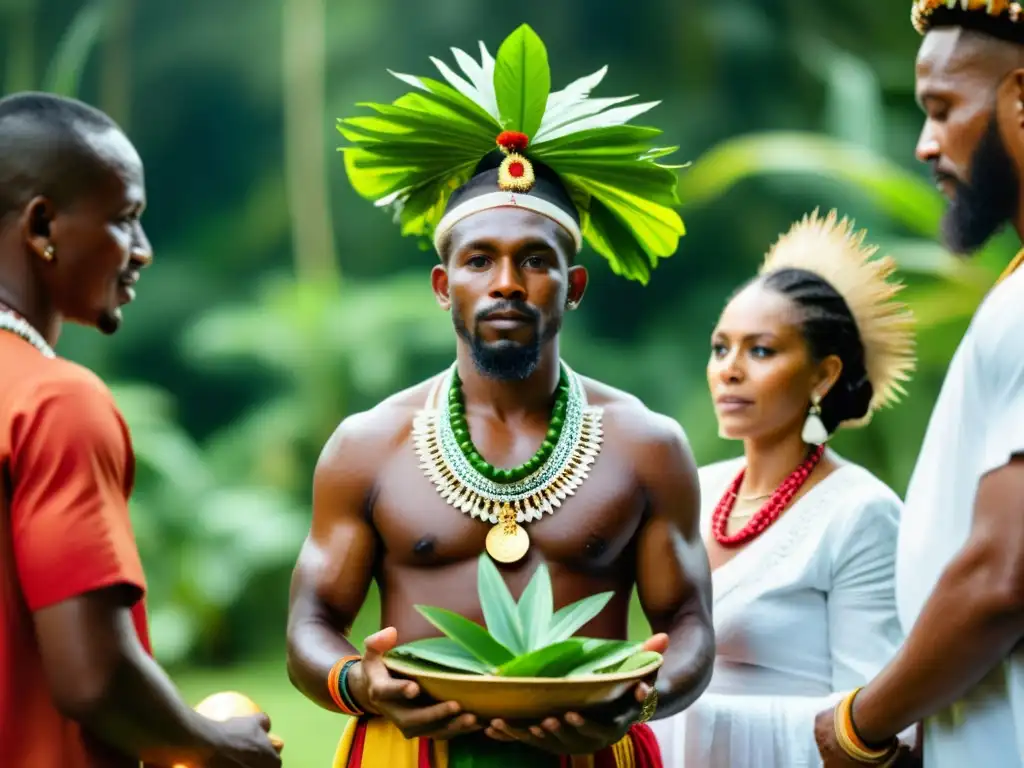 Una ceremonia caribeña llena de espiritualidad y tradición, con un chamán liderando el ritual