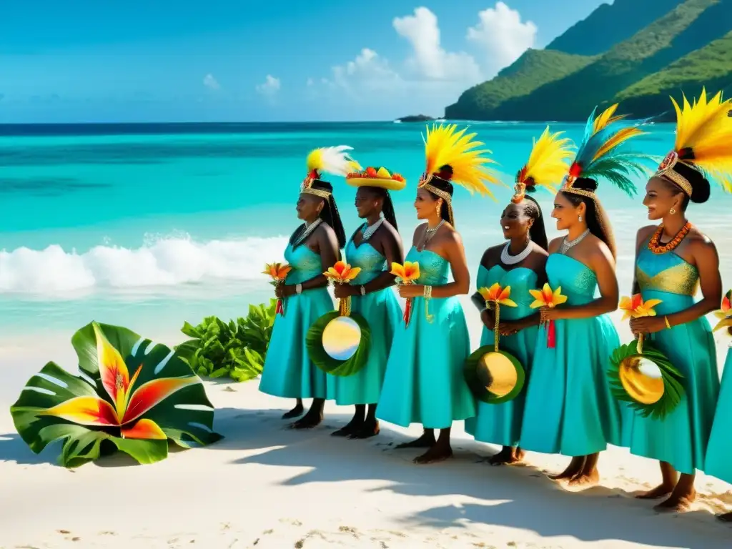 Una ceremonia caribeña en la playa con filosofías ancestrales del Caribe, personas vestidas con atuendos tradicionales y paisaje tropical exuberante