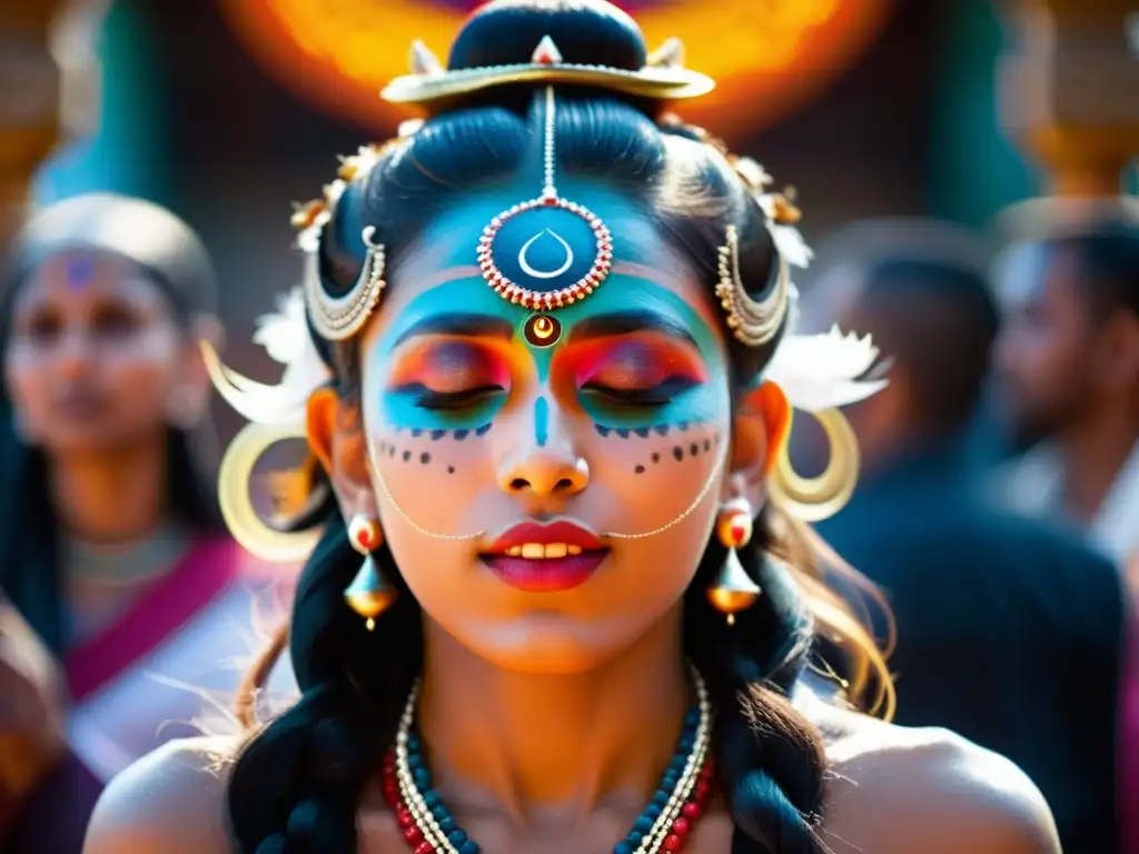 Una ceremonia tántrica en un templo hindú, con movimientos simbólicos y colores vibrantes