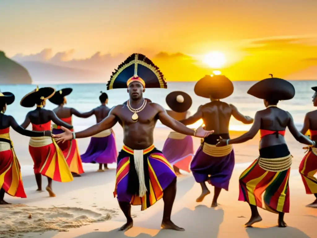 Una ceremonia caribeña tradicional en la playa al atardecer, con danzas sagradas alrededor de una fogata