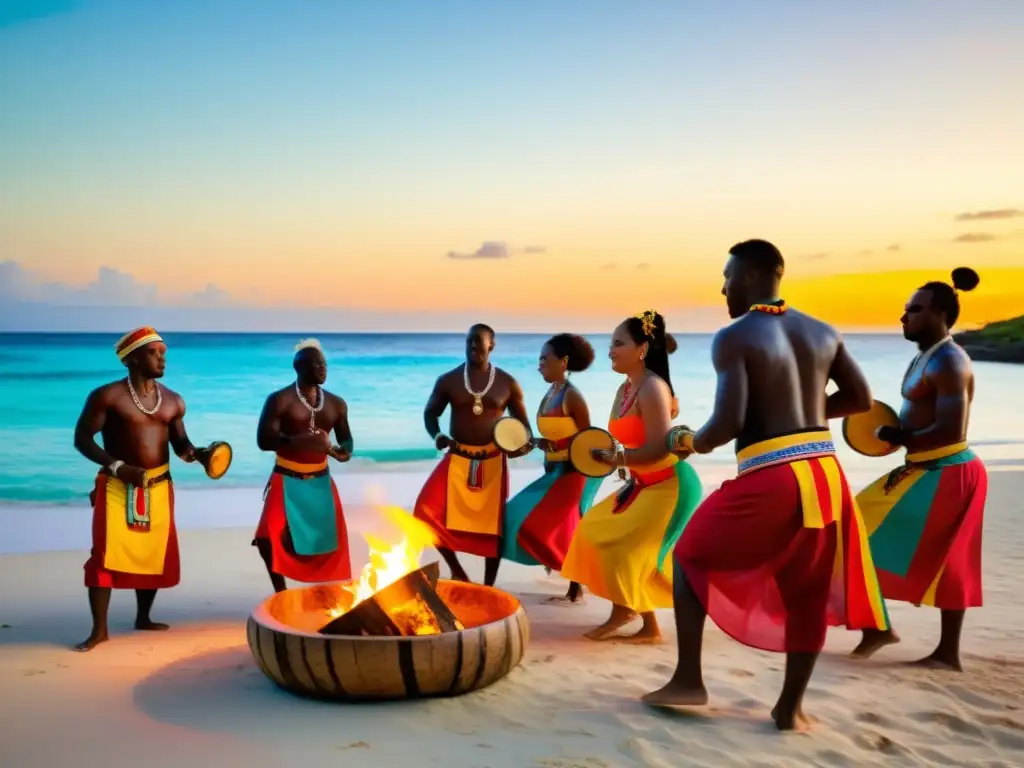 Una ceremonia caribeña tradicional se desarrolla en la playa al atardecer