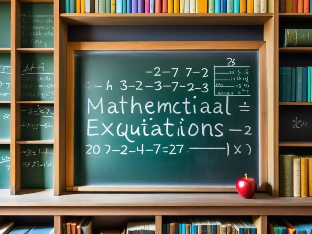 Chalkboard con ecuaciones matemáticas y libros antiguos, crea atmósfera intelectual