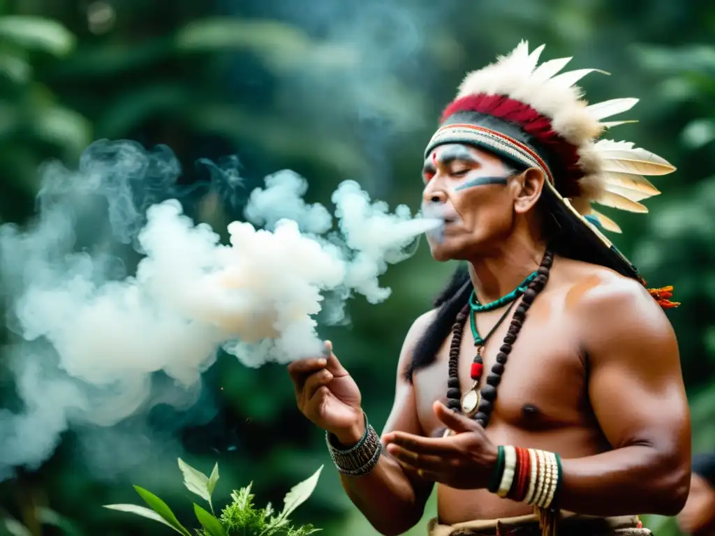 Ritual chamánico: Conexión mística con la naturaleza Un chamán de una comunidad indígena realiza un ritual entre árboles y hierbas, creando una atmósfera mística y reverente