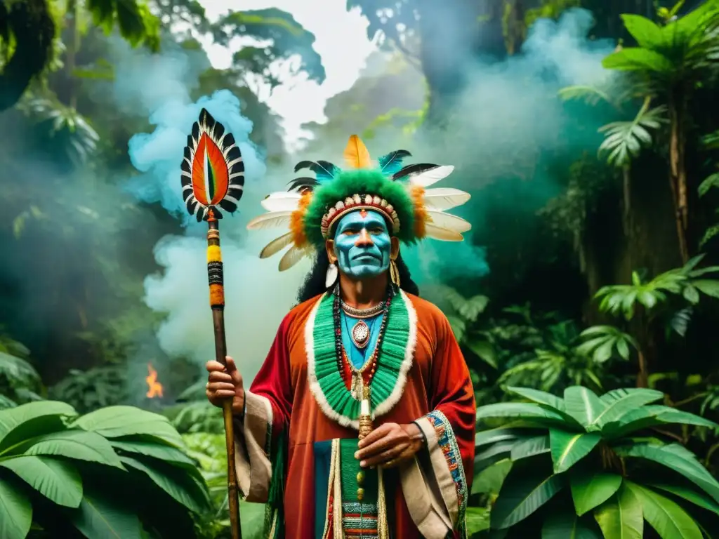 Un chamán indígena en la exuberante selva amazónica, vistiendo ropas coloridas y realizando un ritual