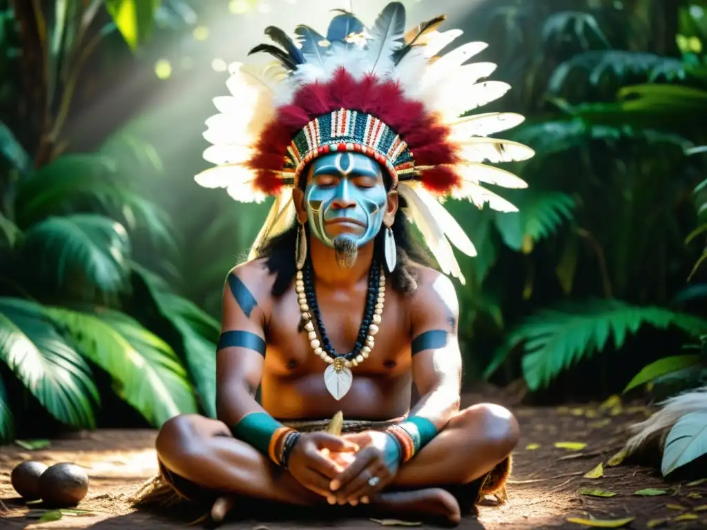 Un chamán indígena en la selva amazónica, con ojos cerrados y ataviado con pintura corporal y tocado de plumas