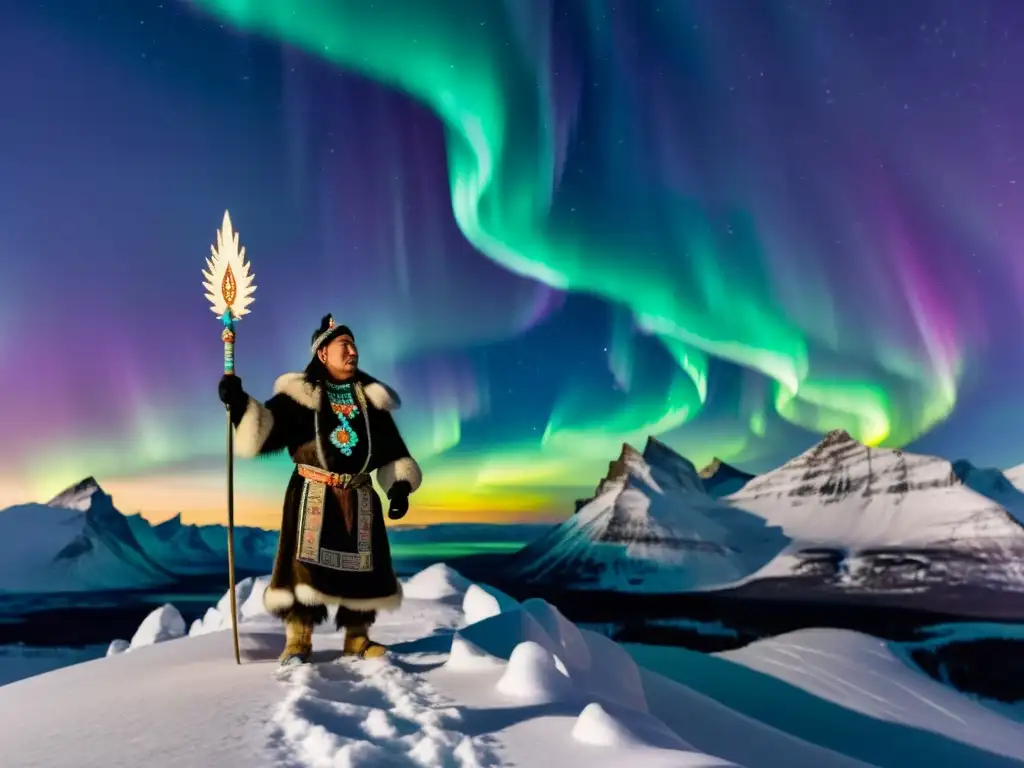 Un chamán inuit en un acantilado nevado, observando las luces del norte
