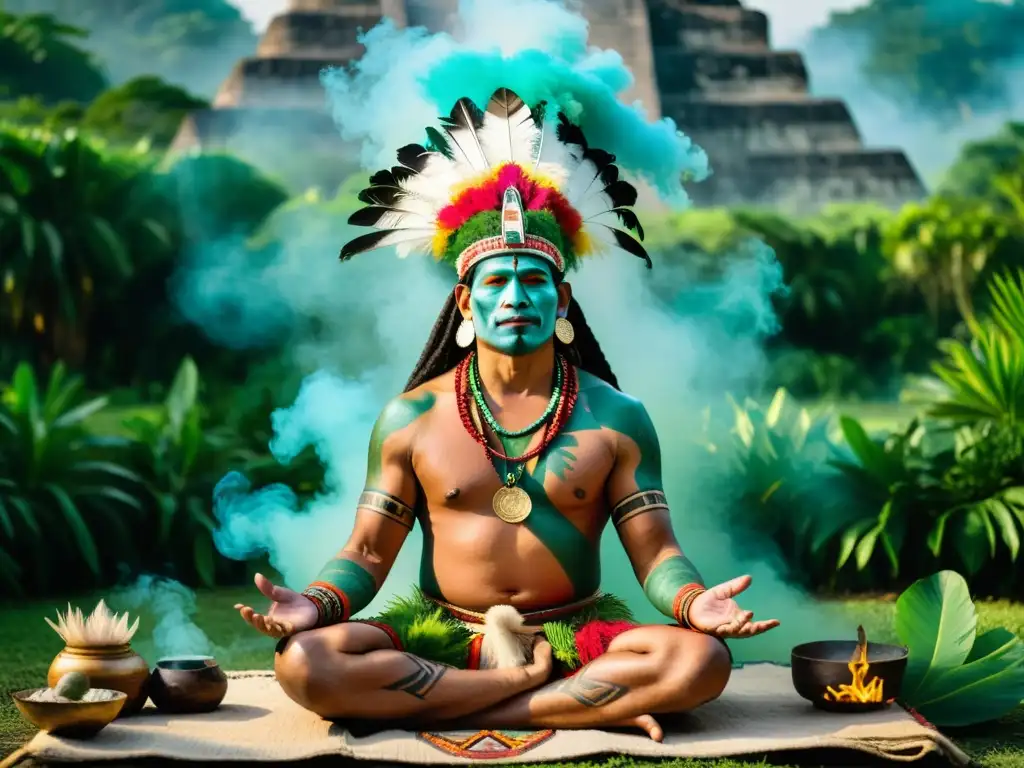 Un chamán maya realiza una ceremonia de sanación en la exuberante selva, con plumas y pintura corporal