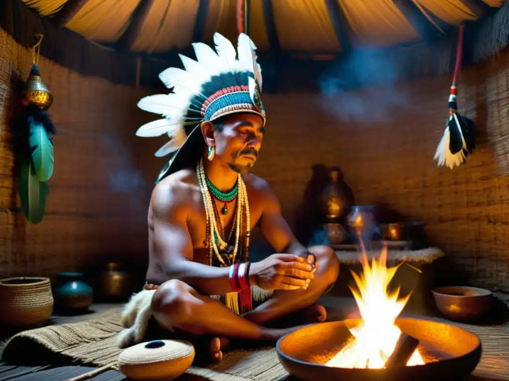 Un chamán mesoamericano realiza un ritual en una cabaña decorada, rodeado de objetos simbólicos