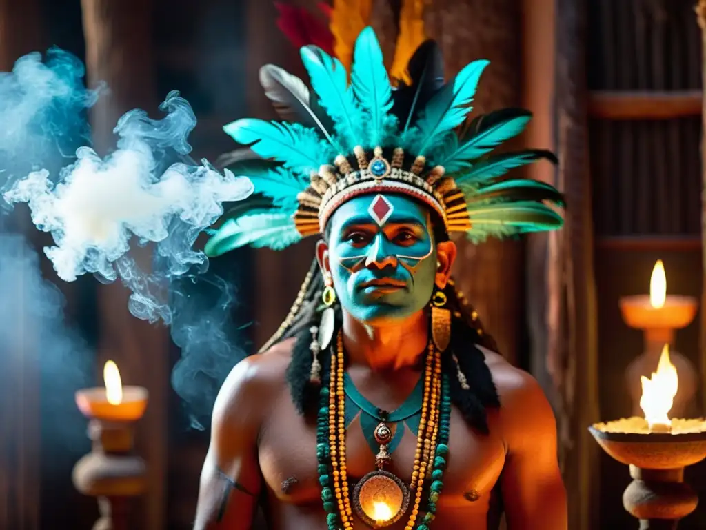 Un chamán mesoamericano realiza un ritual ceremonial, invocando espíritus ancestrales en un altar humeante