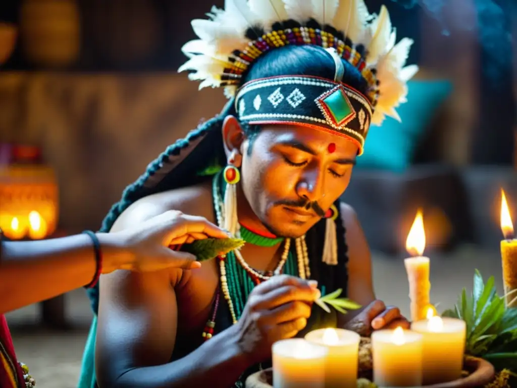Un chamán mesoamericano realiza un ritual de sanación con hierbas aromáticas y resina de copal