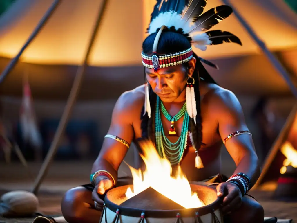 Un chamán nativo realiza una ceremonia de tambor en un tipi iluminado por el fuego, inmerso en prácticas espirituales nativas música trance