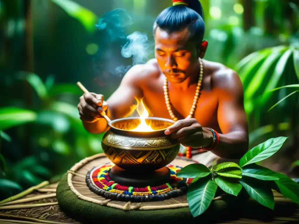 Un chamán prepara una poción sagrada en la selva amazónica, demostrando la Antropología de las drogas sagradas con sabiduría ancestral