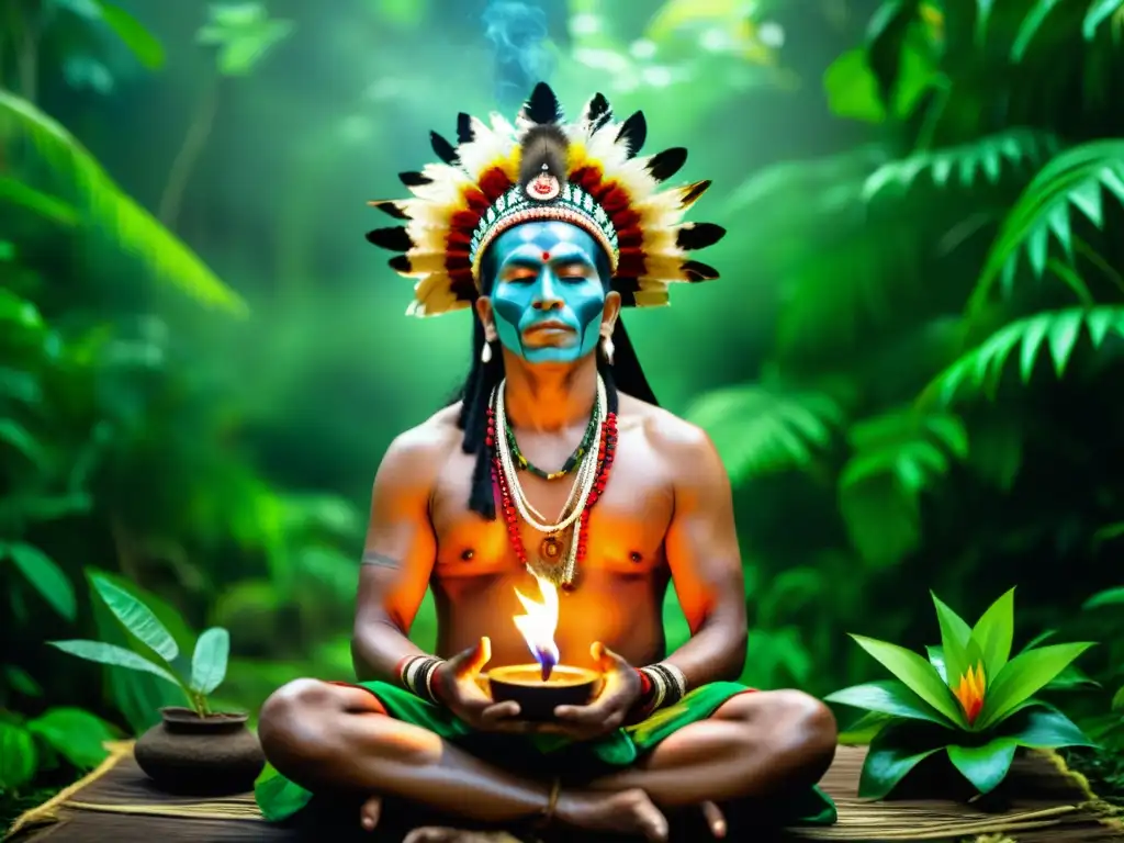 Un chamán realiza un ritual espiritual en la exuberante selva