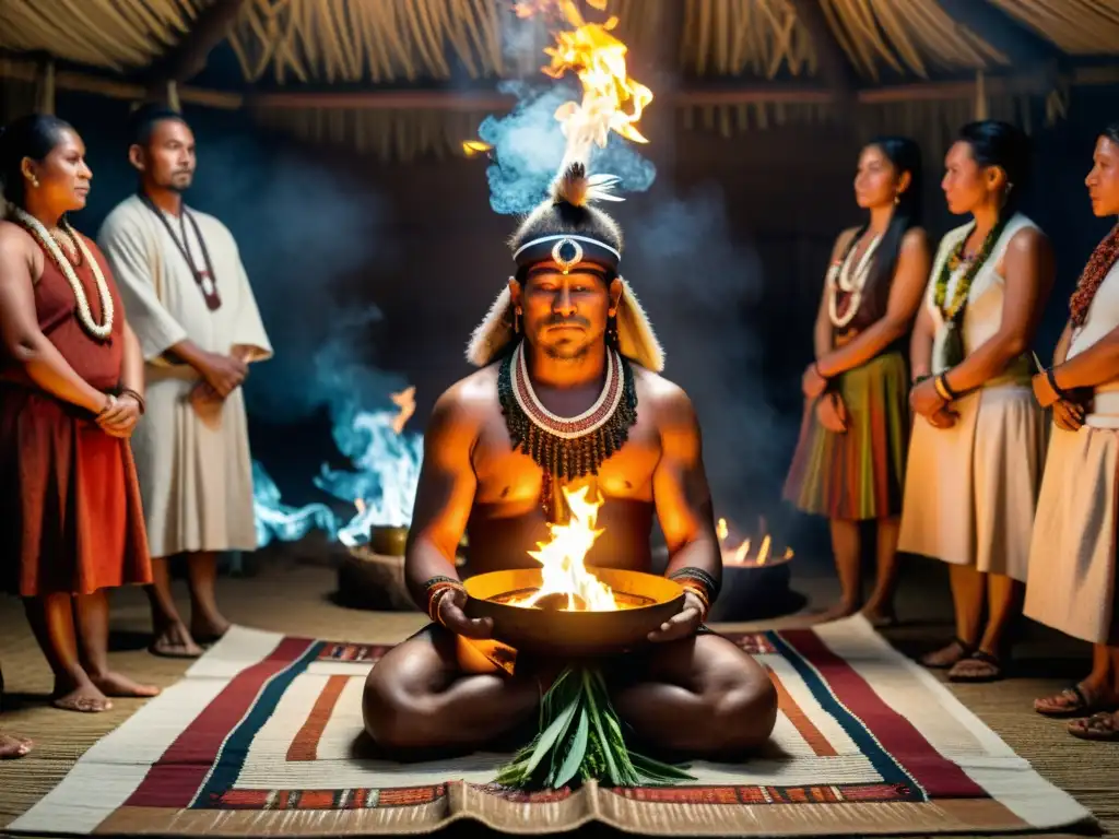 Un chamán en un ritual con plantas sagradas, rodeado de participantes en una escena llena de misticismo y sabiduría ancestral