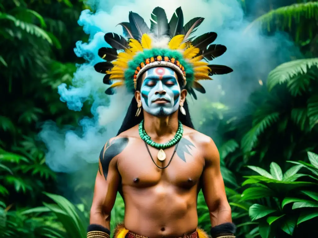 Un chamán en la selva lluviosa, practicando prácticas oníricas tradicionales indígenas, rodeado de naturaleza exuberante y fauna vibrante