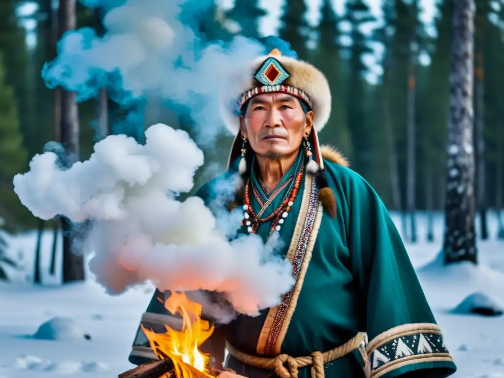 Un chamán siberiano realiza un ritual en un bosque nevado, transmitiendo misticismo y sabiduría ancestral en la interpretación onírica en Siberia