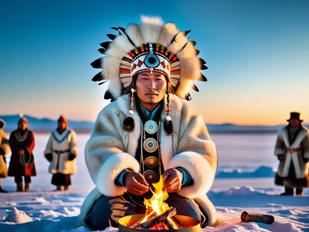 Un chamán siberiano realiza un ritual en la estepa nevada, rodeado de onlookers, con auroras boreales en el cielo