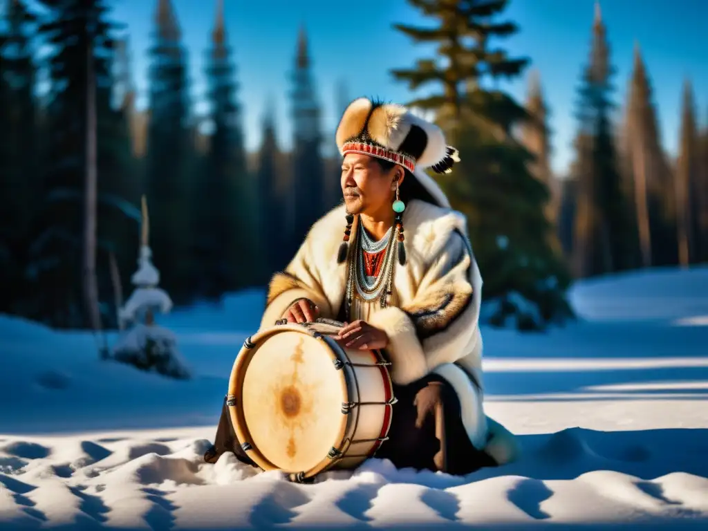 Un chamán siberiano toca un tambor adornado en un bosque nevado, reflejando la música y filosofía de los pueblos siberianos