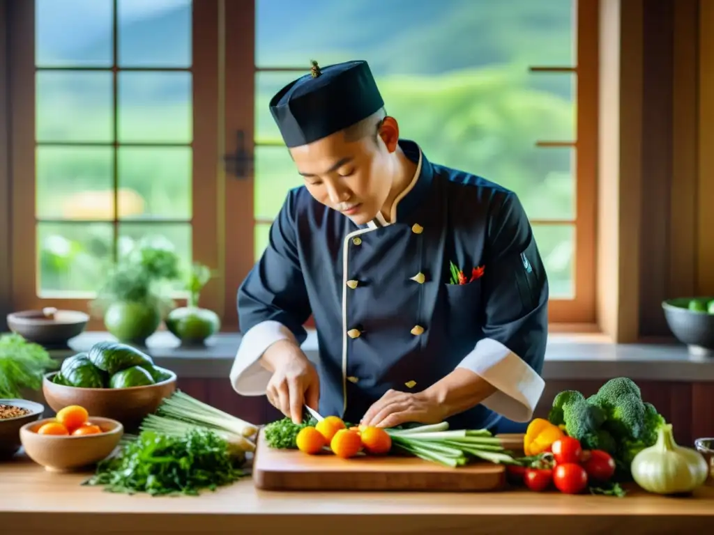 Un chef taoísta en armonía prepara ingredientes frescos para una receta que encarna la dieta taoísta y filosofía gastronómica