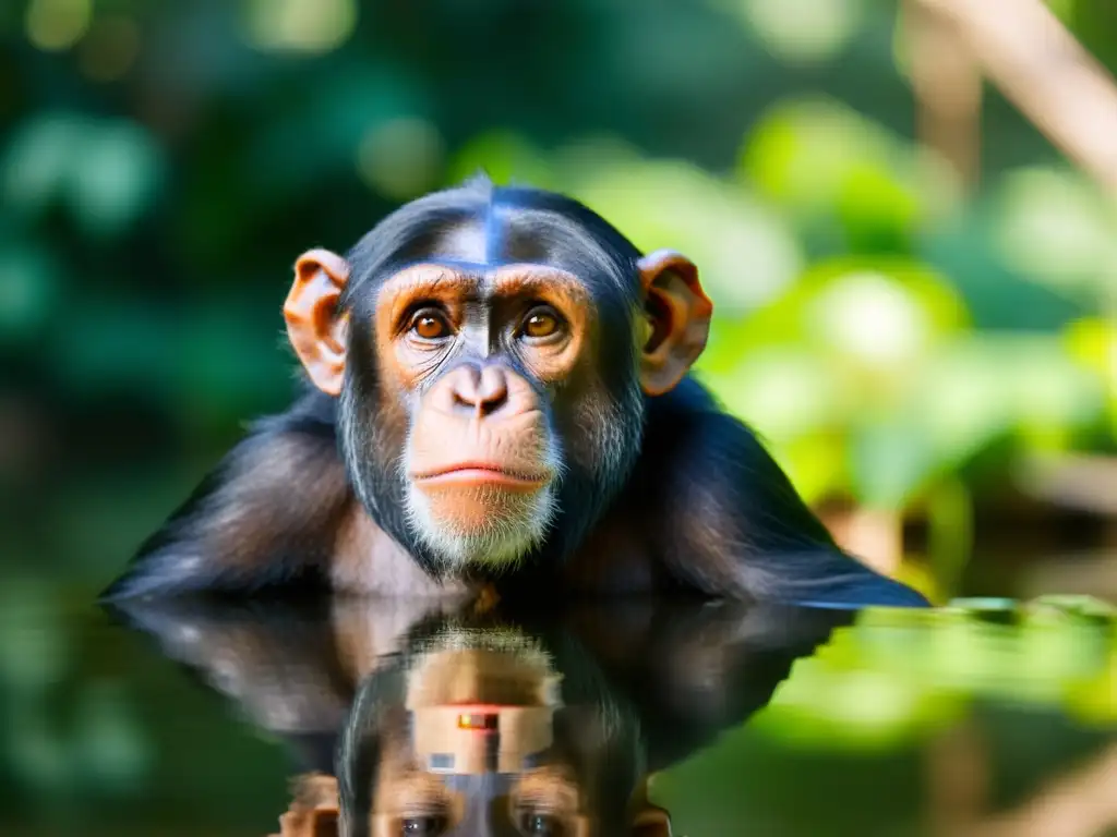 Un chimpancé reflexivo contempla su reflejo en el agua, transmitiendo profundidad e inteligencia