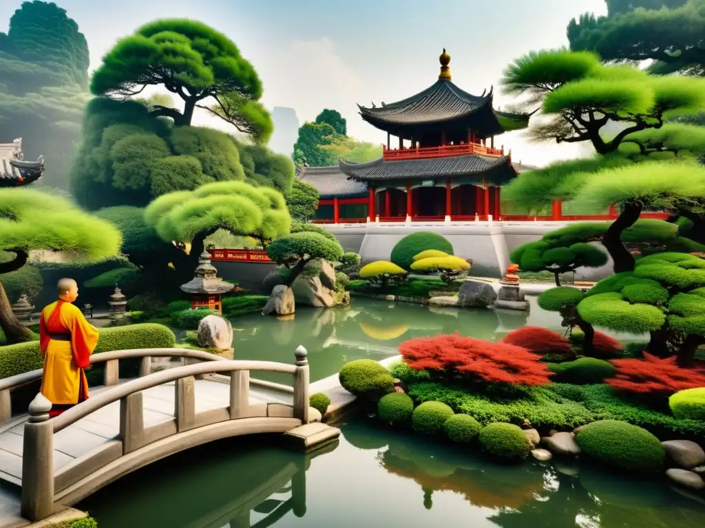Un jardín chino antiguo con bonsáis, un estanque tranquilo y un templo tradicional