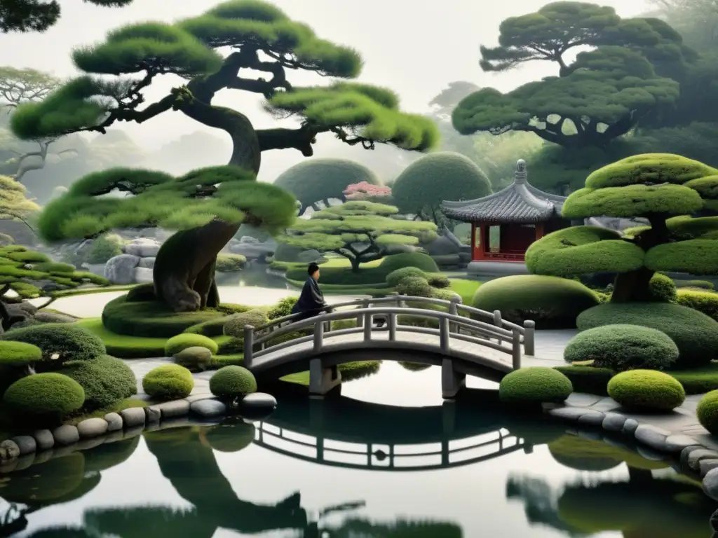 Un jardín chino antiguo con bonsáis, un puente sobre un estanque y una figura practicando tai chi