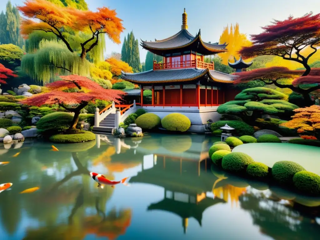 Jardín chino con pagoda, estanque sereno, peces koi y follaje otoñal