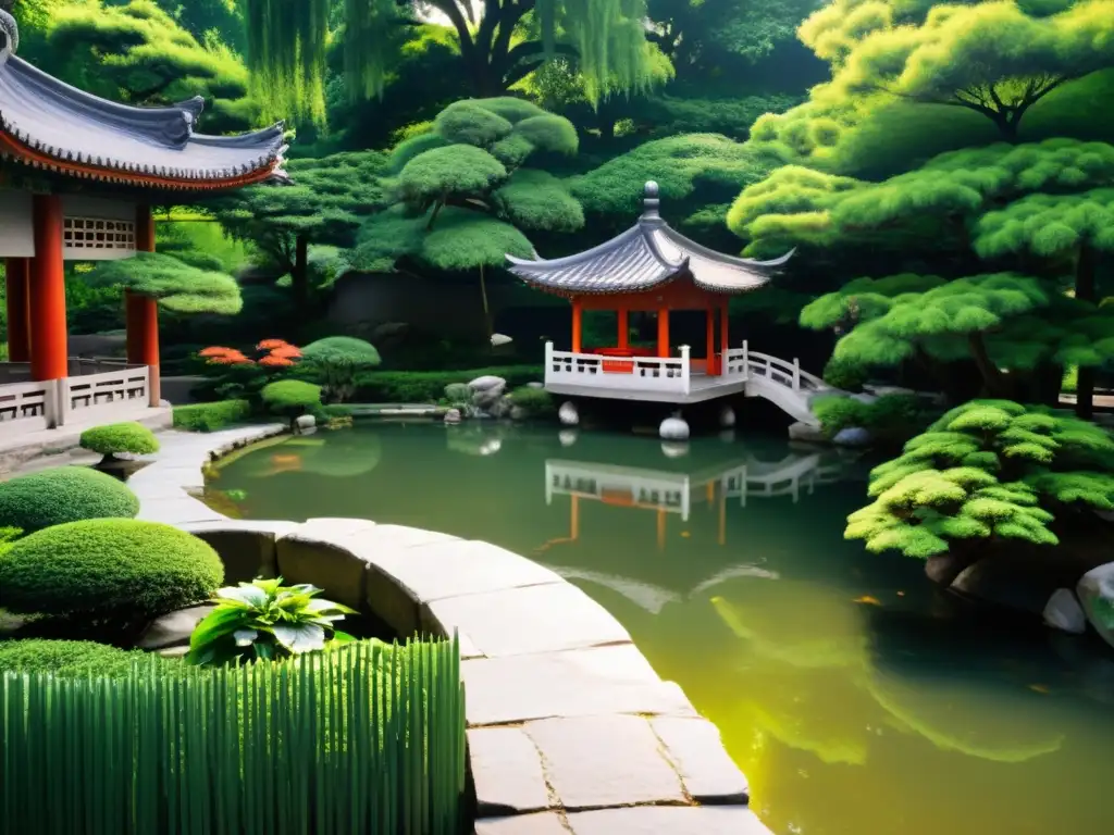 Un jardín chino sereno con vegetación exuberante, un estanque tranquilo y una pagoda tradicional entre los árboles