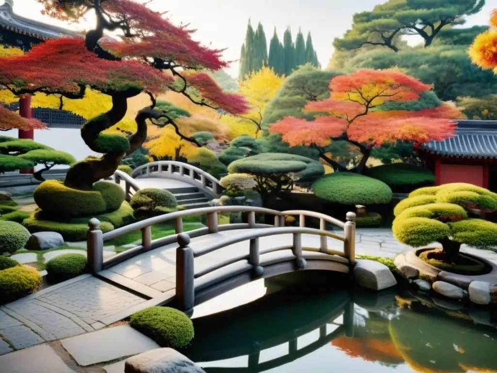 Un jardín chino tradicional con bonsáis, un estanque y un puente de piedra