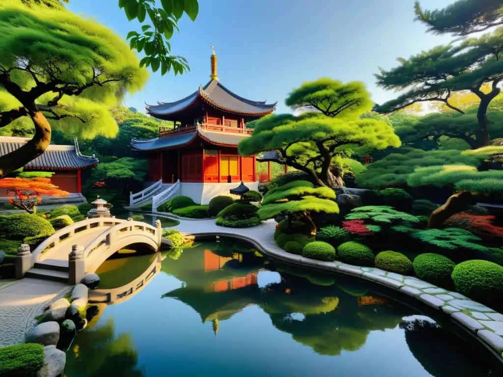 Un jardín chino tradicional con bonsáis, estanque de koi, templo y sendero de piedra, refleja la filosofía confuciana